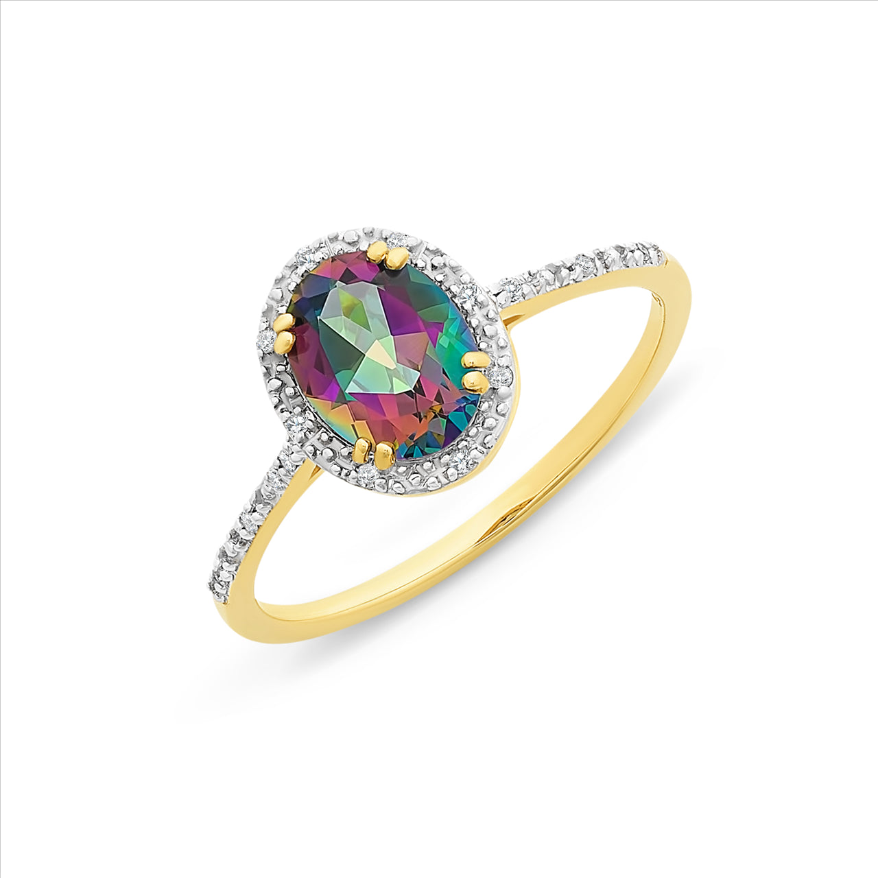 9ct Yellow Gold Mystic Topaz & Diamond Ring