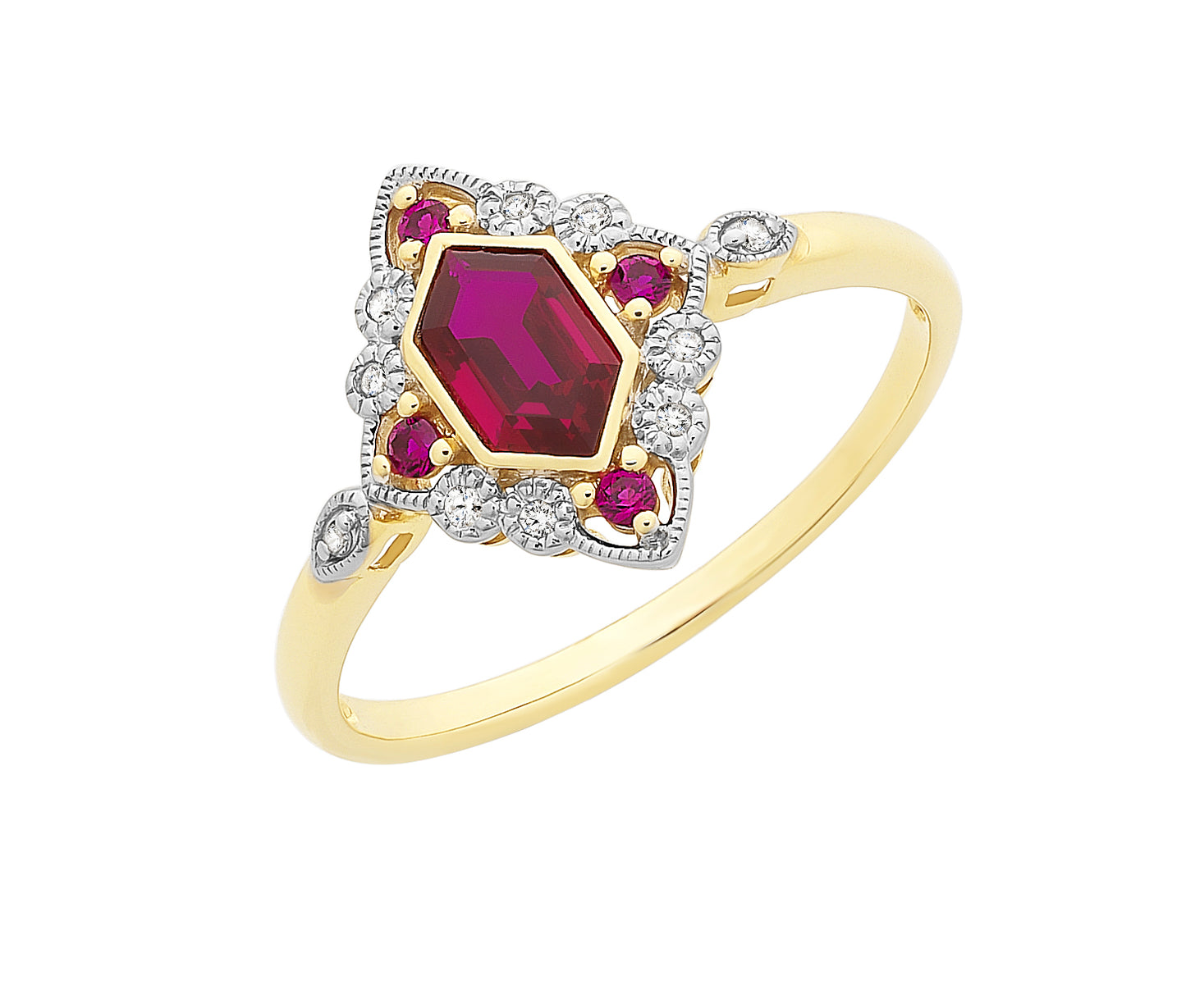 9ct Yellow Gold Created Ruby & Diamond Ring