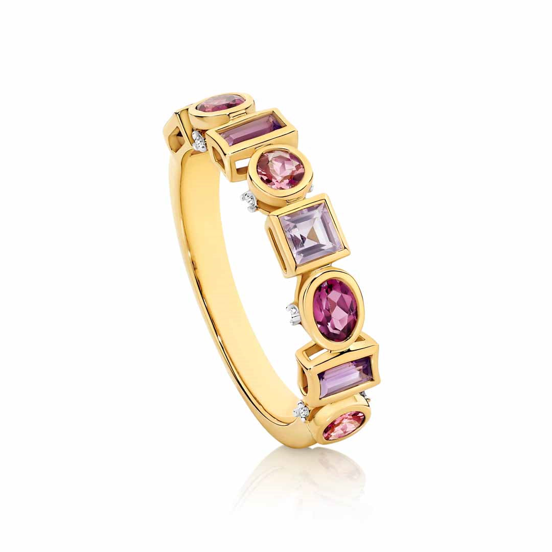 9ct Yellow Gold Multi shape Bezel Pink/Purple Ring