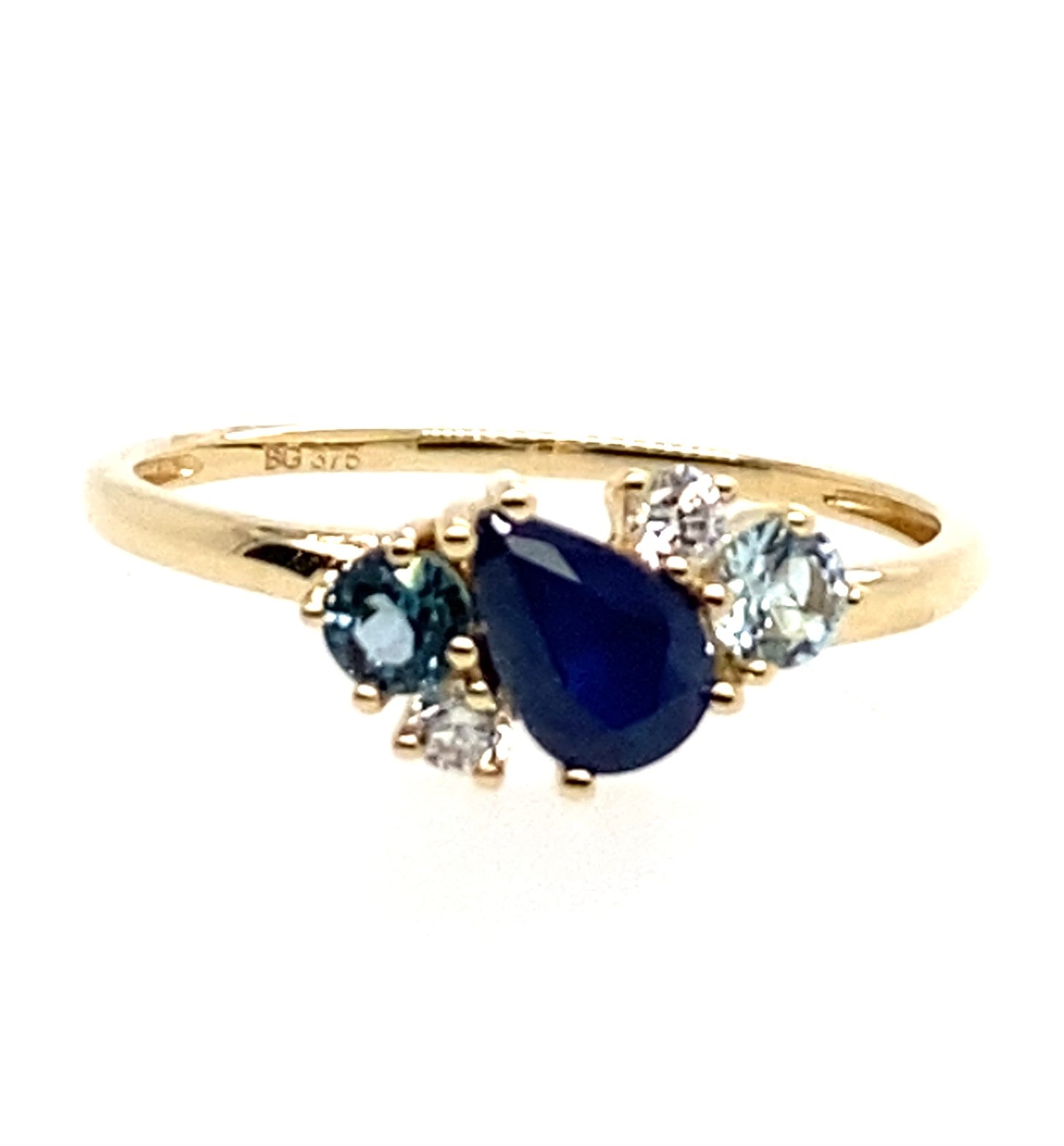 9ct Yellow Gold Multi Stone Dress Ring Sapphire Topaz and Diamond