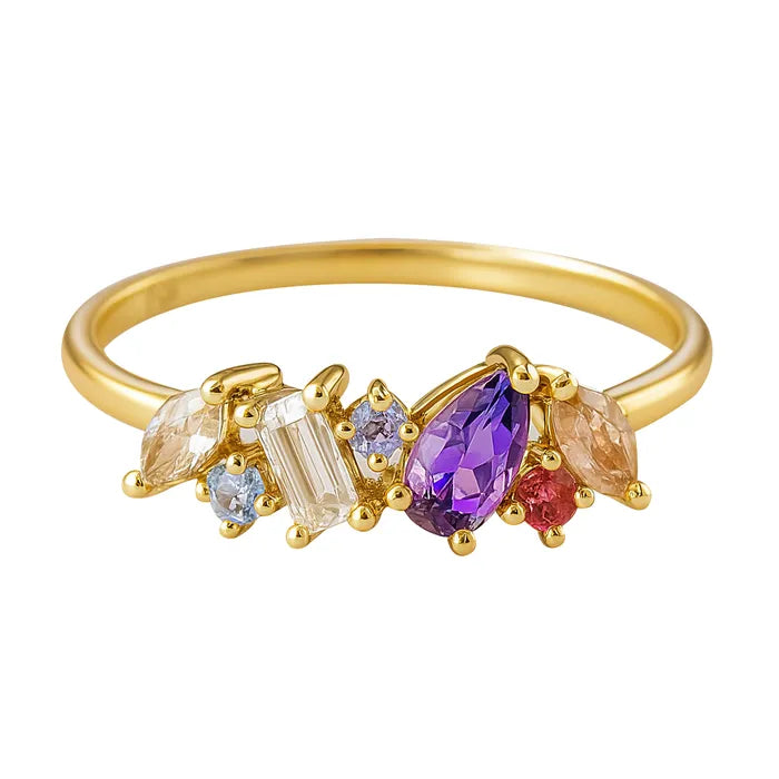 9ct Yellow Gold Natural Amethyst Tanzanite and White Topaz Ring