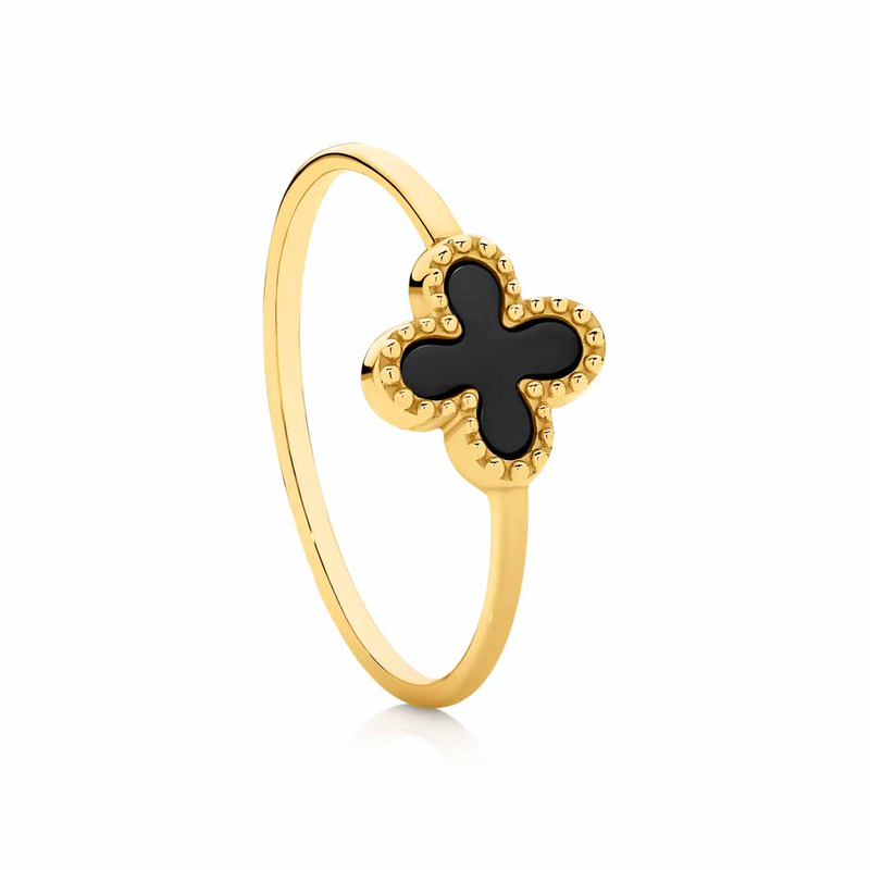 9ct Yellow Gold Black Onyx Clover Ring