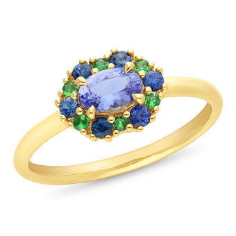 9ct Yellow Gold Sapphire,Tanzanite & Tsavorite Green Ring