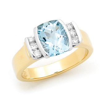 9ct Yellow/White Gold Cushion Aquamarine & Diamond Ring