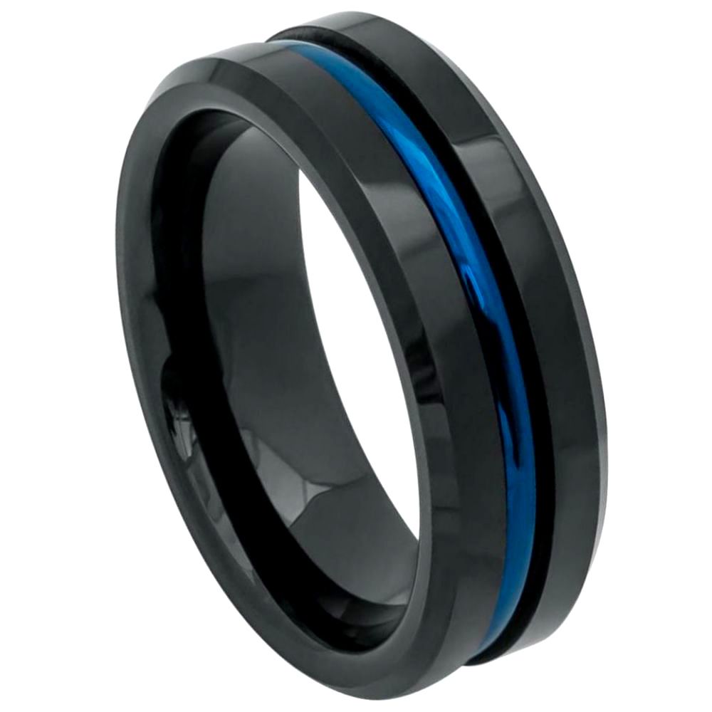 Tungsten 8mm Black IP plated with Blue IP plated Grooved centre ring