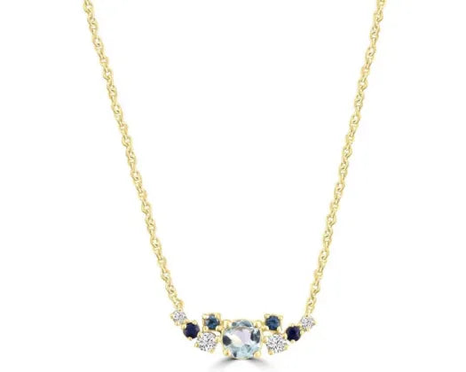 9ct Yellow Gold Aquamarine, Diamond & Topaz Necklace