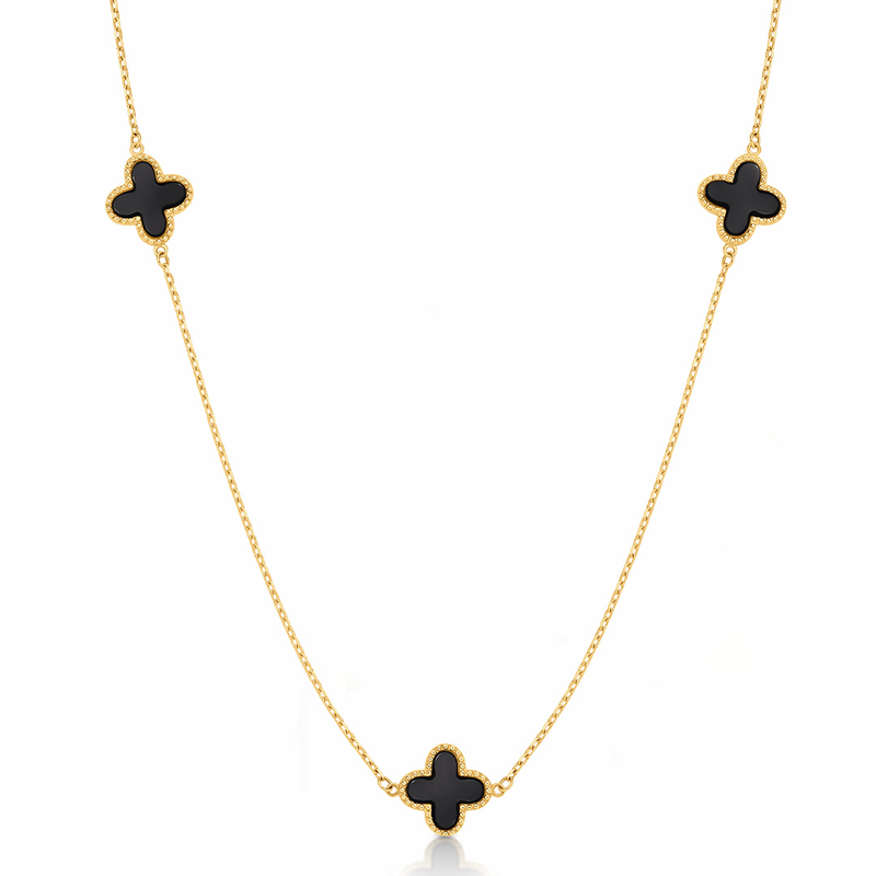 9ct Yellow Gold Black Onyx Clover Necklet