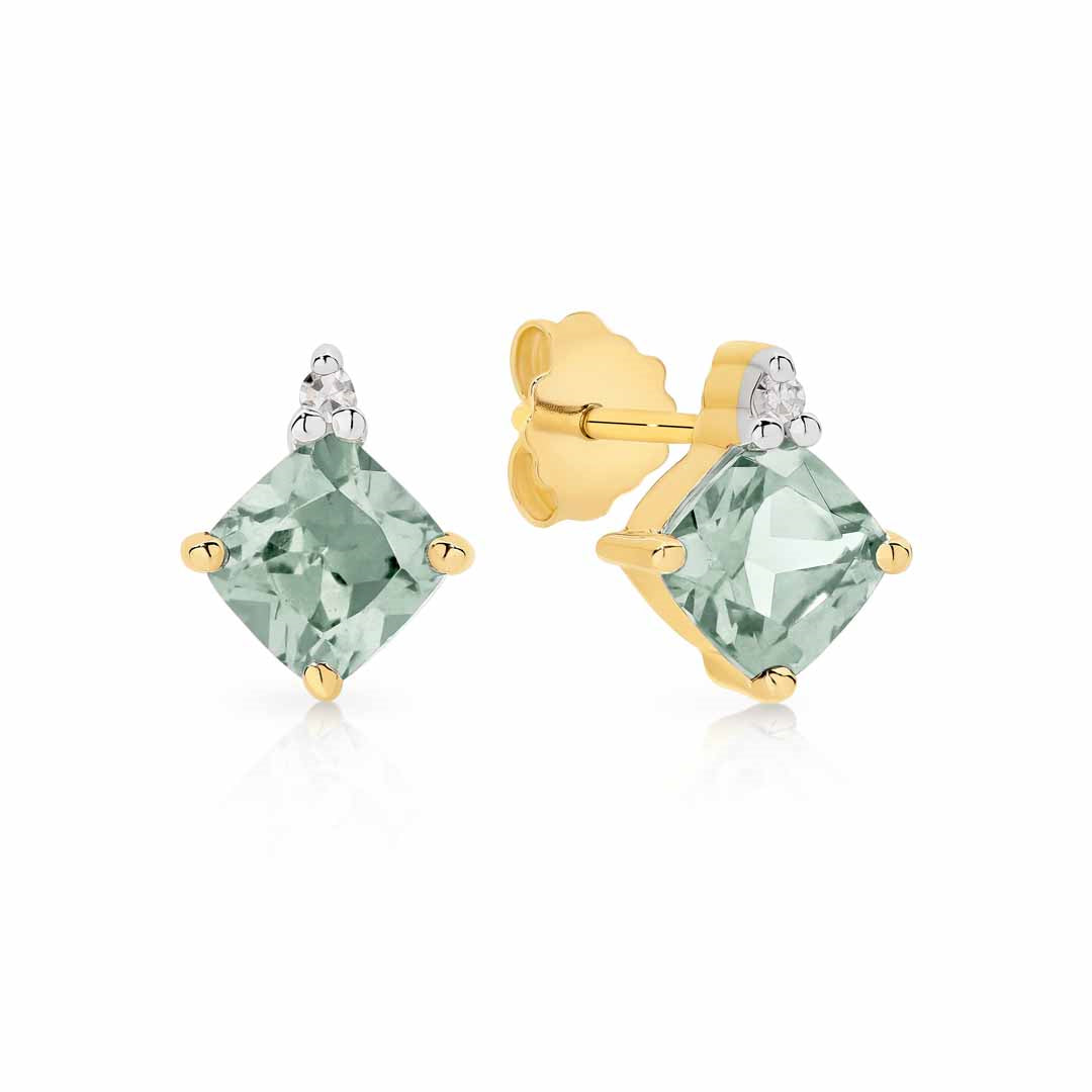 9ct Yellow Gold Green Quartz Cushion & Diamond Stud Earrings