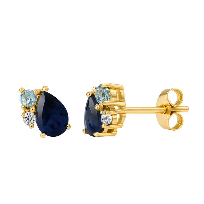 9ct Yellow Gold Multi Stone Earrings Sapphire Topaz Diamond