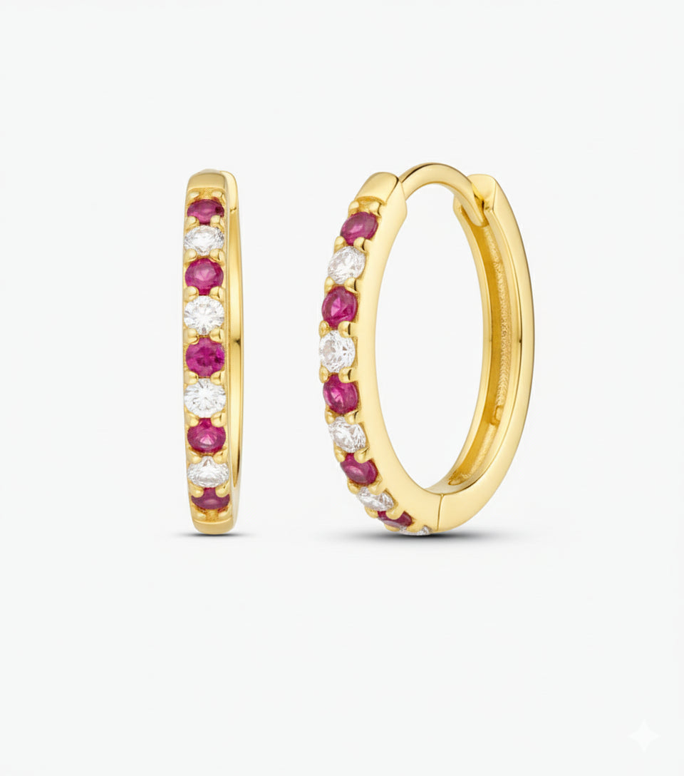 9ct Yellow Gold Natural Ruby and Diamond Huggie Earrings | 0.12ct