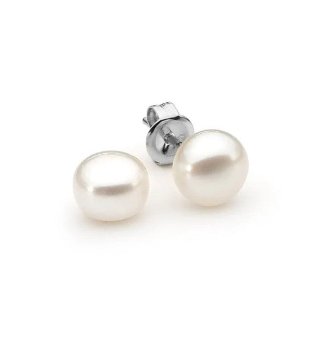 Sterling Silver White Button Pearl Studs