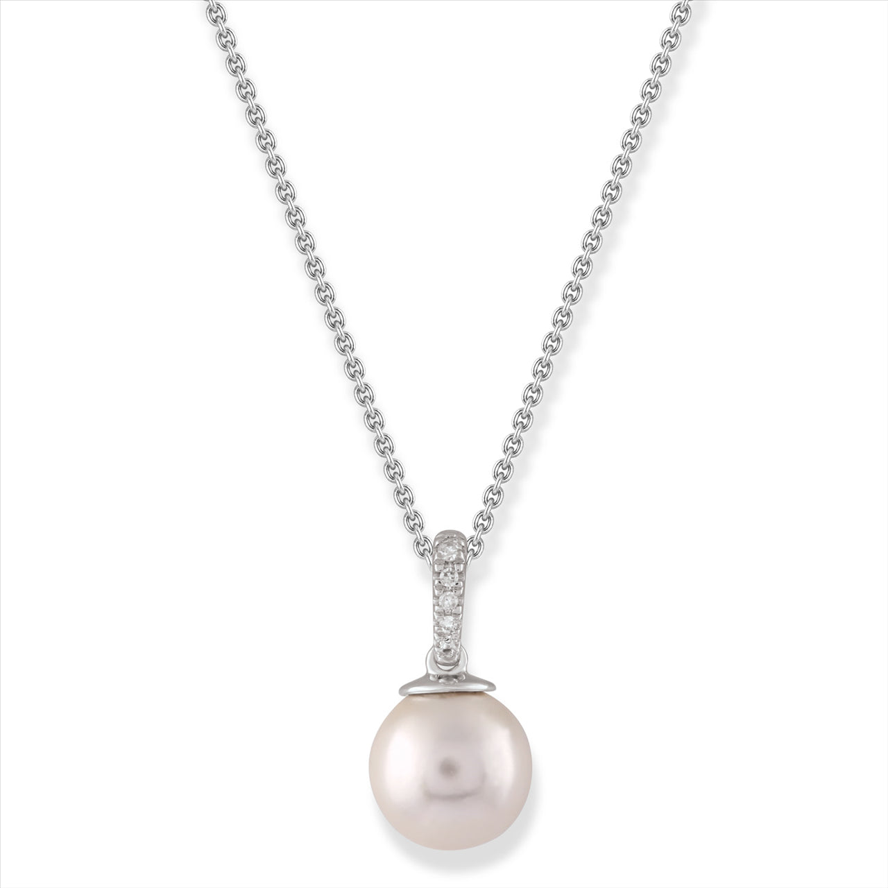 9ct White Gold Pearl Necklace with Diamonds