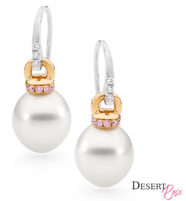 18ct White & Rose Gold Pearl Earrings with Pink & White Diamonds