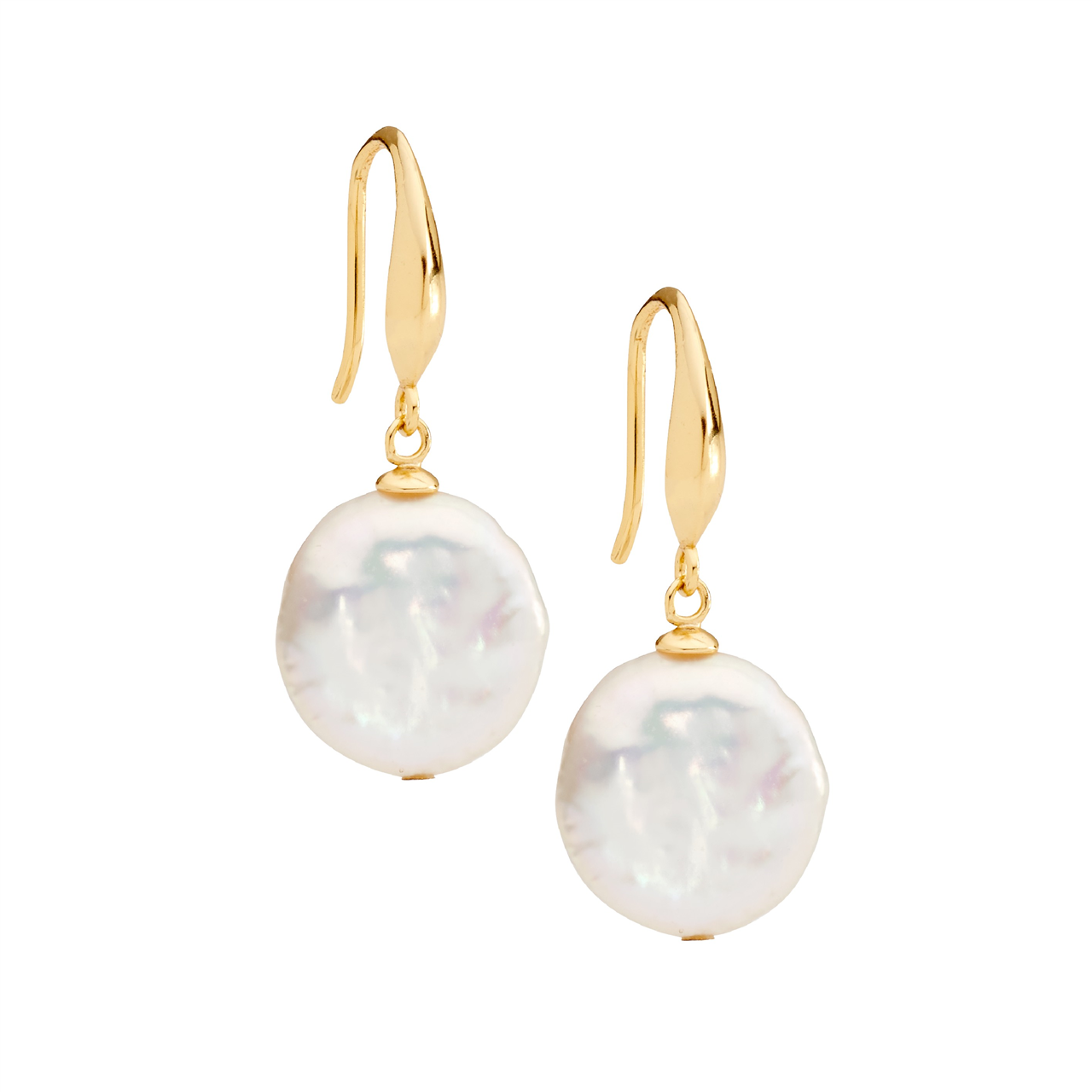Sterling Silver Freshwater 12mm Coin Pearl Earrings, Shp Hook w/ Gold Plating
