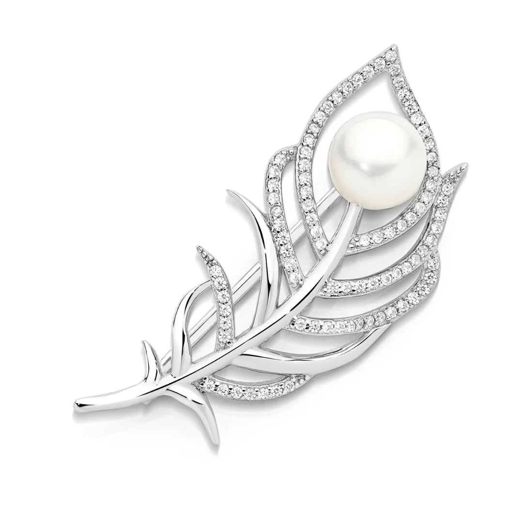 Sterling Silver Pearl and Cubic Zirconia Brooch