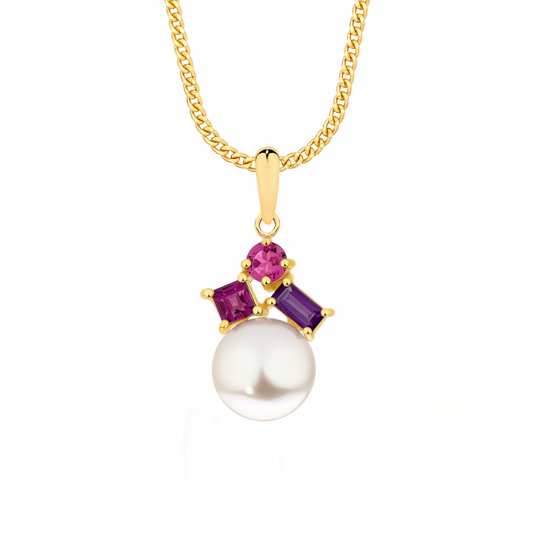 9ct Yellow Gold Pearl & Amethyst, PinkTourmaline & Rhodalite Pendant