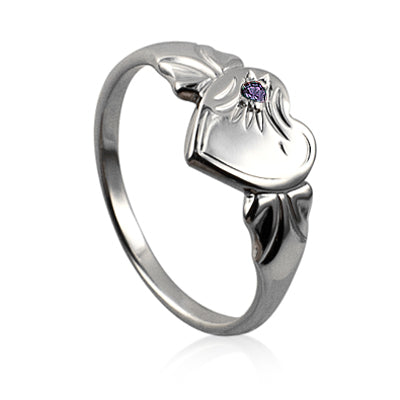 Sterling Silver Single Heart February Birthstone Signet Ring | H