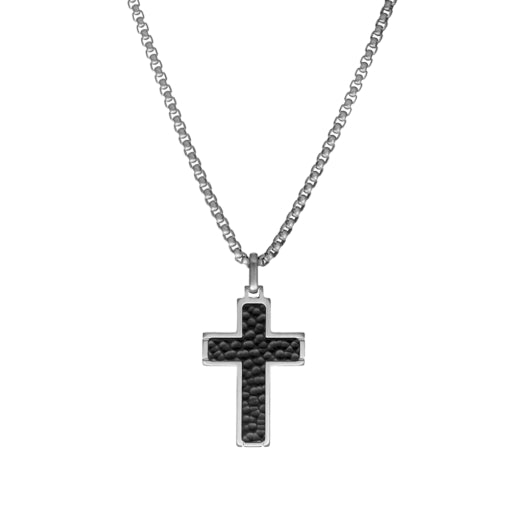 Men’s Matte Stainless Steel Necklace with Hammered IP Black Cross Pendant