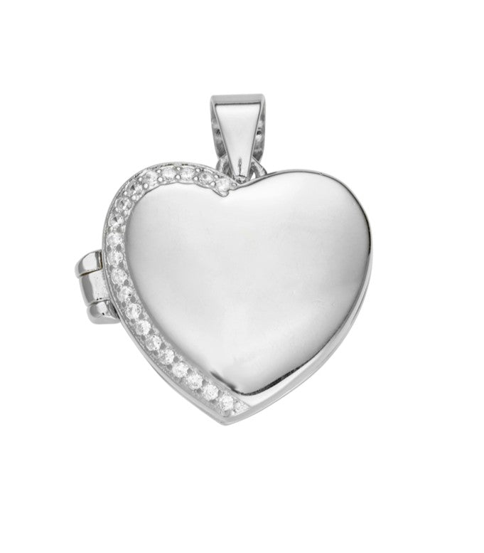 Sterling Silver Heart Locket Pendant with Cubic Zircinia Trim