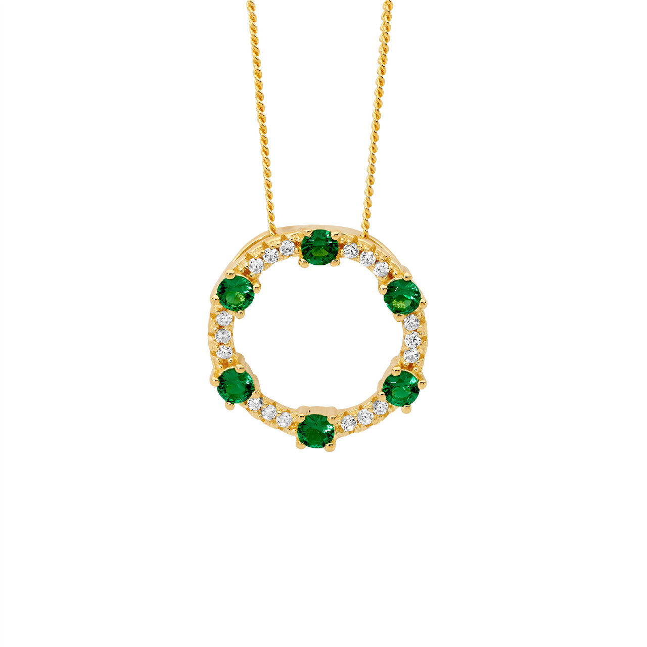 Sterling Silver Cubic Zirconia Circle Pendant with 6x Raised Green Cubic Zirconia's | Gold Plating | 17mm