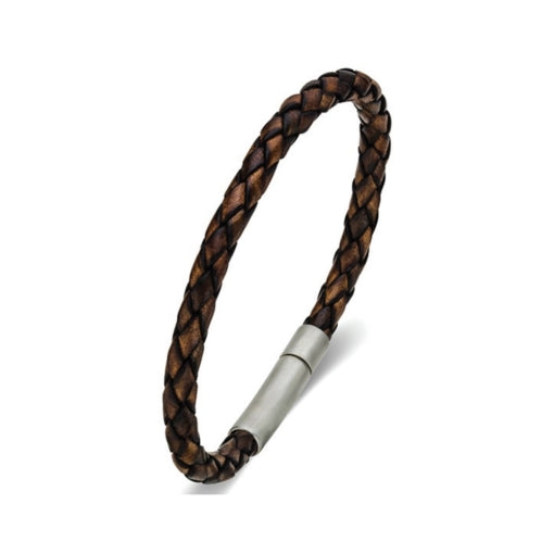 Stainless Steel Brown Leather Plaited Bracelet