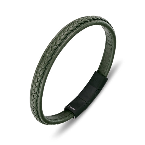 Green Leather Bangle with Black ST/Steel Clasp