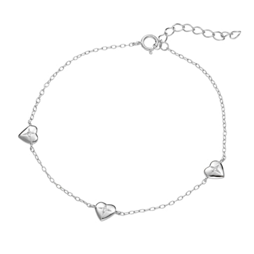 Sterling Silver 3 Heart Cubic Zirconia North Star Charm Bracelet