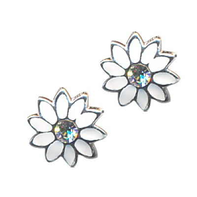 Sterling Silver White Enamel flower with CZ studs