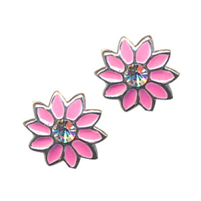 Sterling Silver Pink Enamel Flower studs set with Cubic Zirconia's