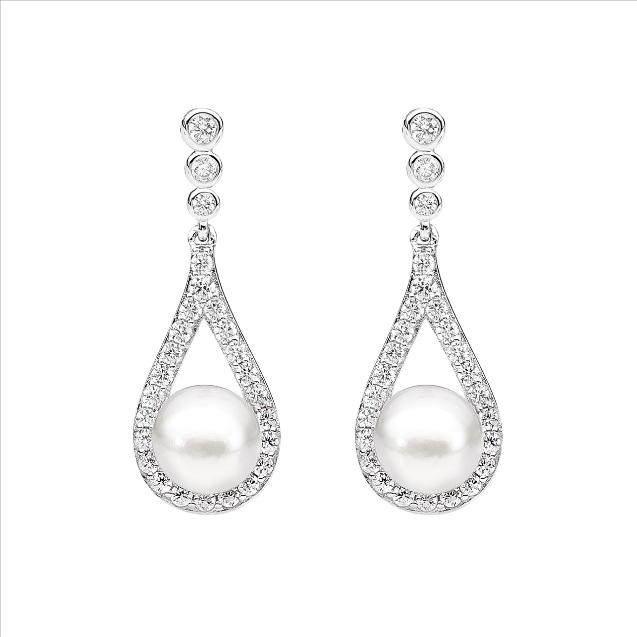 Sterling Silver Cubic Zirconia Bezel Stud Freshwater Pearl Earrings