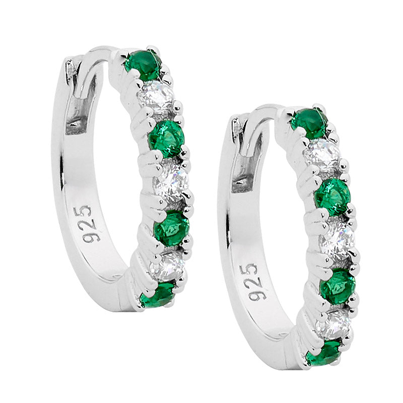 Sterling Silver White and Green Cubic Zirconia Huggie Earrings