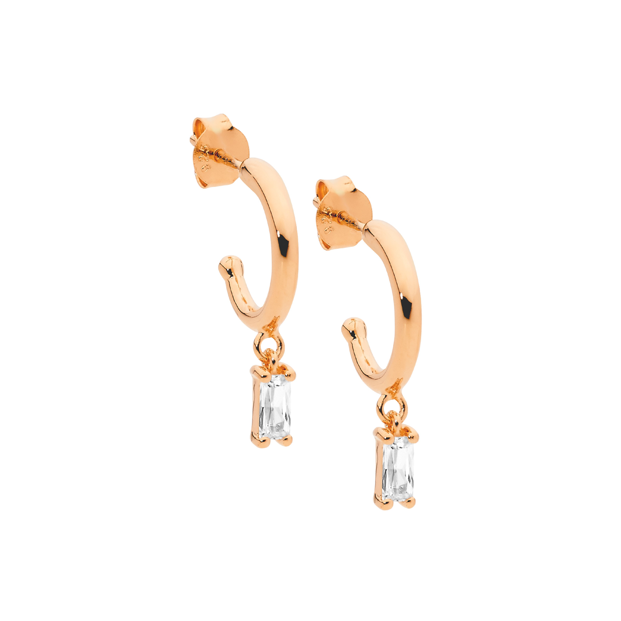 SS 13mm hoop earrings, wh cz baguette drop w/ rose gold plating