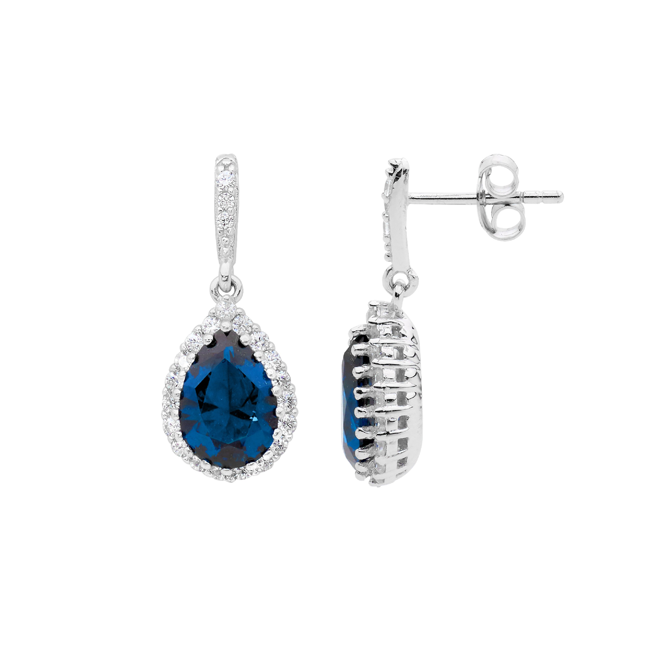 Sterling Silver London Blue Topaz and White CZ Drop Pear shaped Earrings