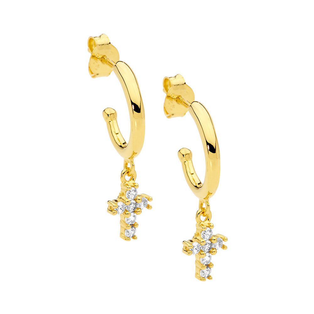 Sterling Silver Hoop Earrings, Cubic Zirconia Cross Drop | Gold Plating