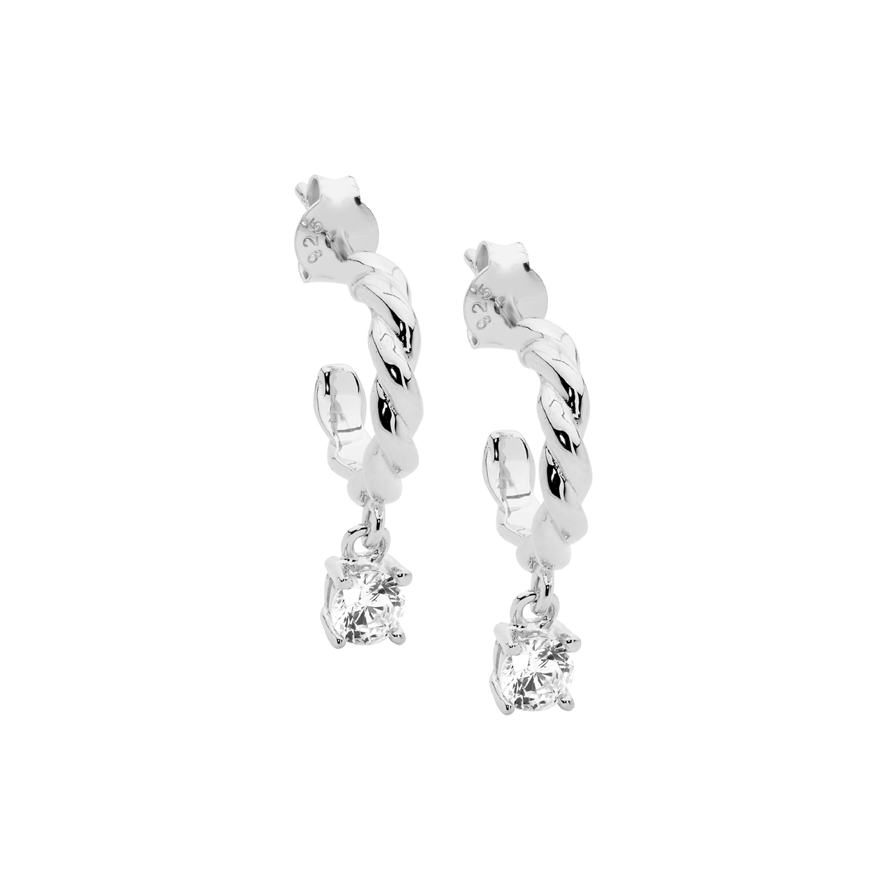 Sterling Silver Twist Hoop Earrings, Cubic Zirconia Claw Set Drop