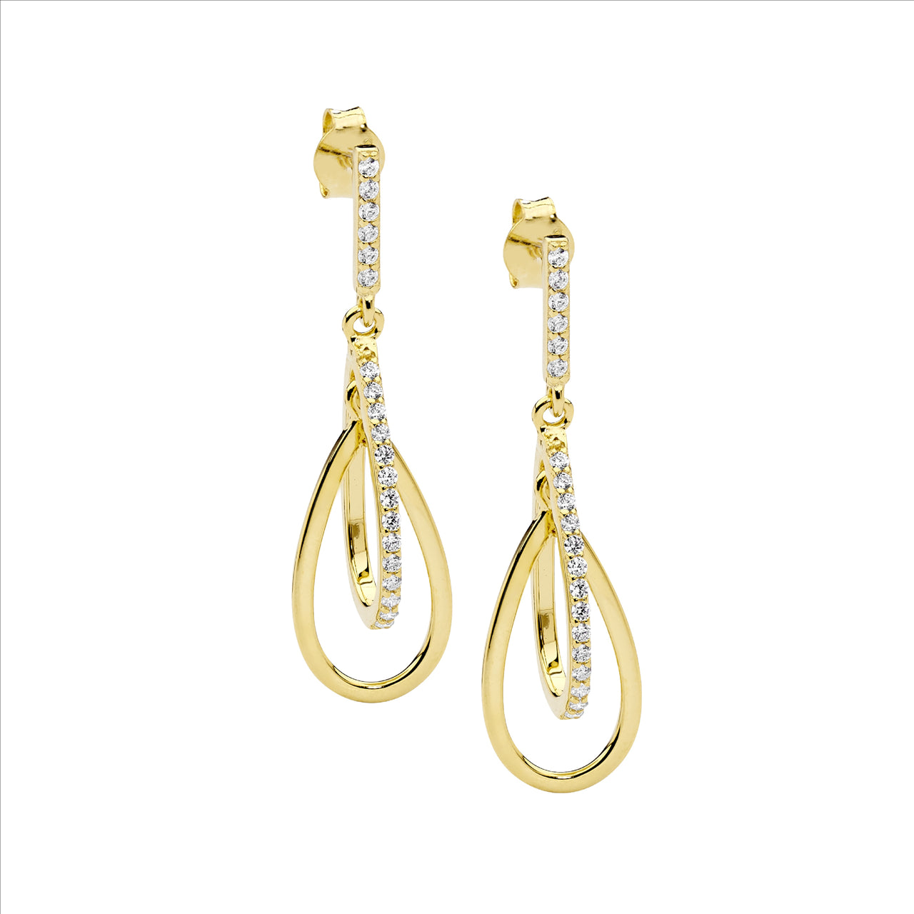 Sterling Silver CZ Double Open Tear Drop Earrings | Gold Plated