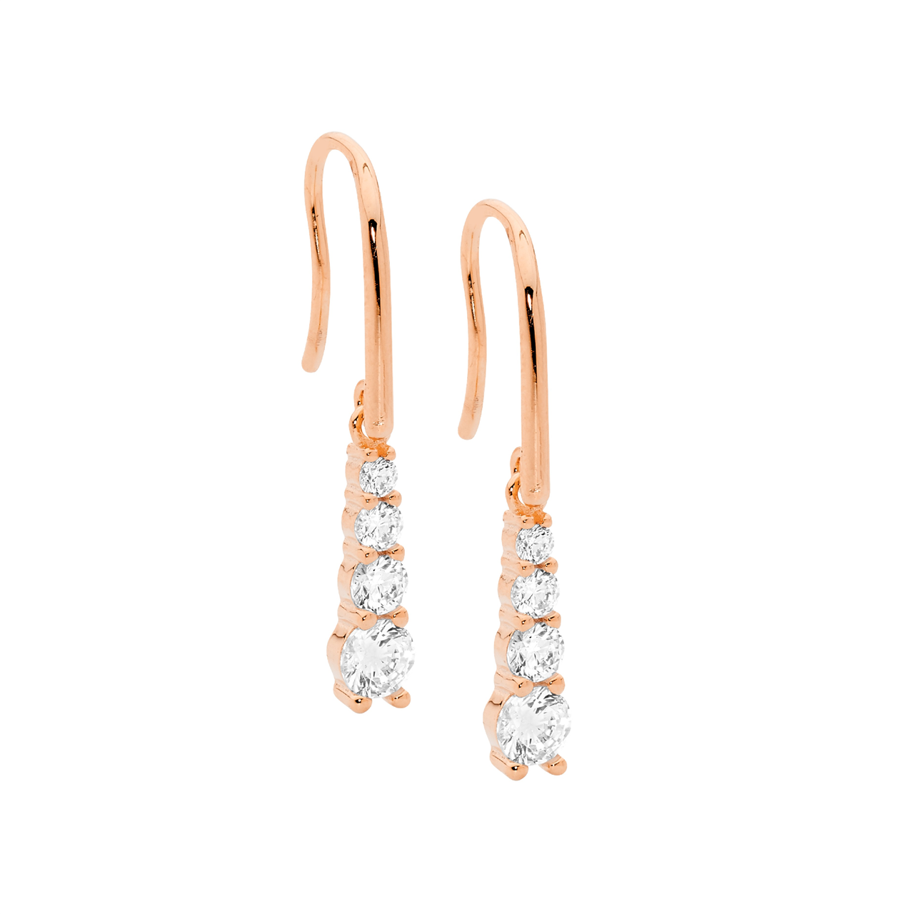 SS 4 round wh cz gradual drop earrings on shp/hook w/ rose gold plating