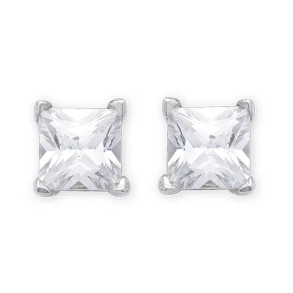 Princess Cut Cubic Zirconia set in Sterling Silver Stud Earrings