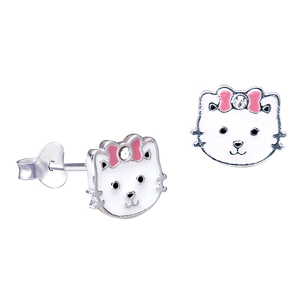 Stg Silver White Enamel Cat with Pink Bow Stud Earrings