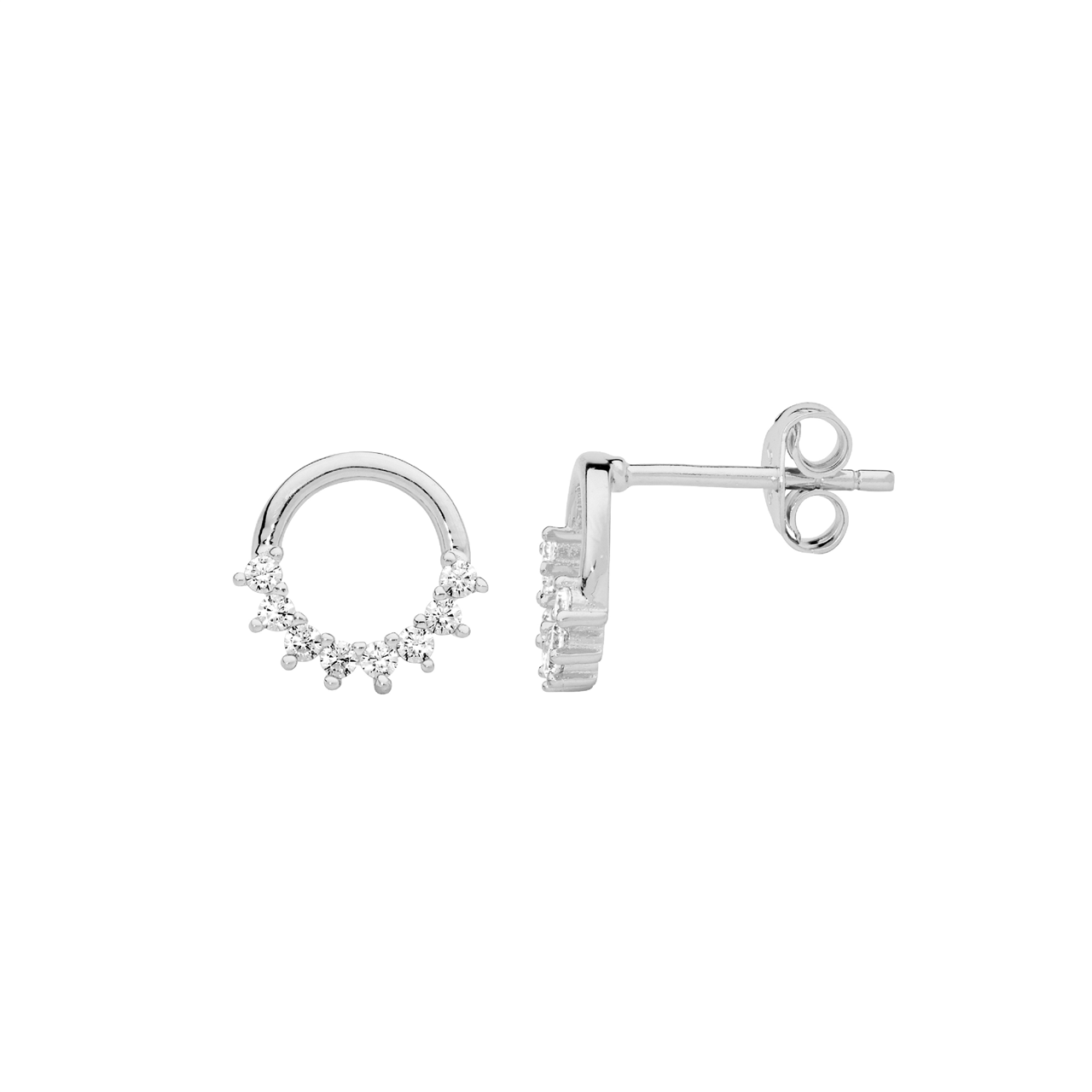 Sterling Silver Open Circle Earrings, Half Cubic Zirconia Claw Set