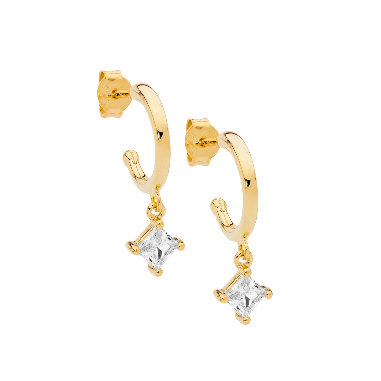 Sterling Silver Hoop Earrings, Cubic Zirconia Drop | Gold Plating