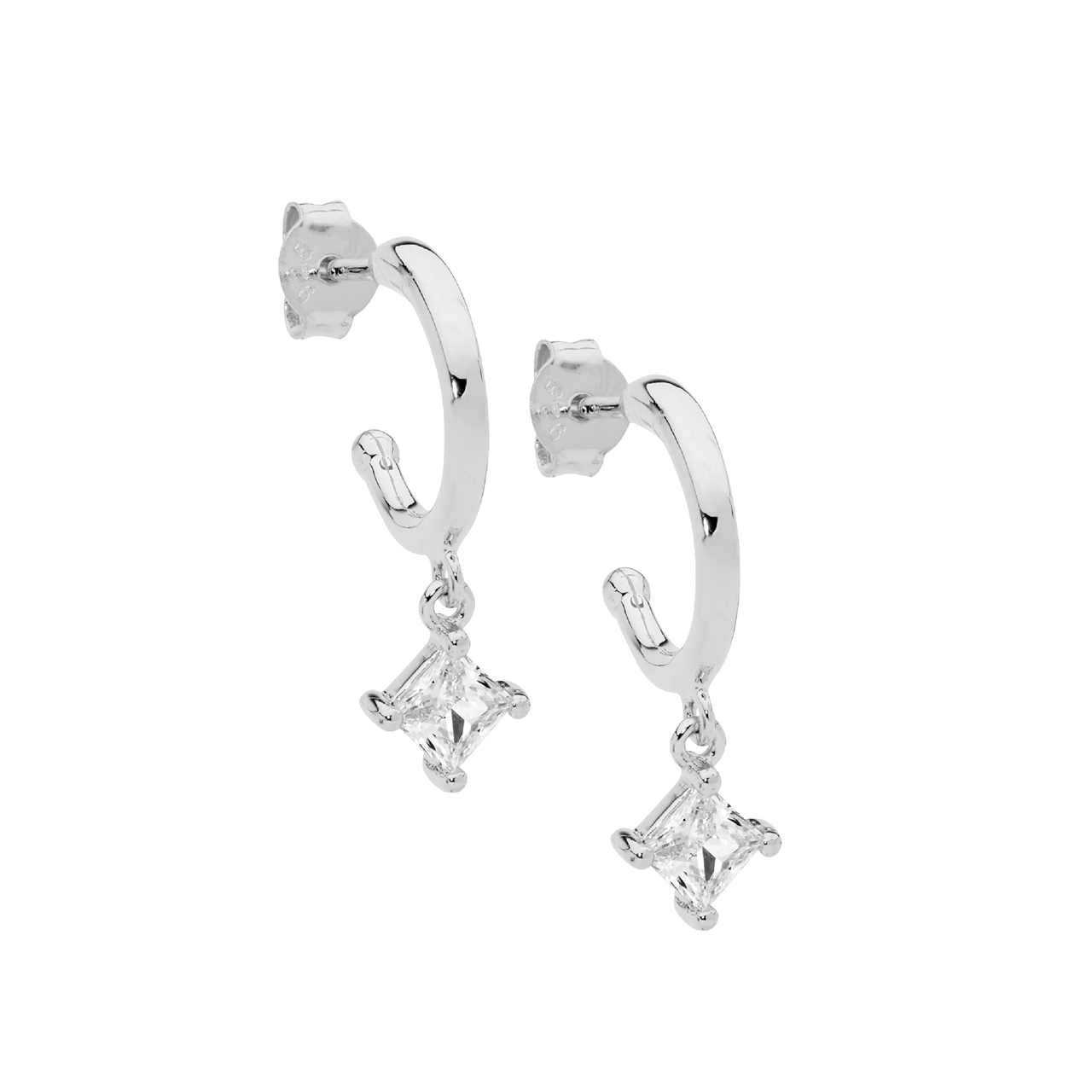 Sterling Silver Stud Hoop Earrings, Princess Cut Cubic Zirconia Drop