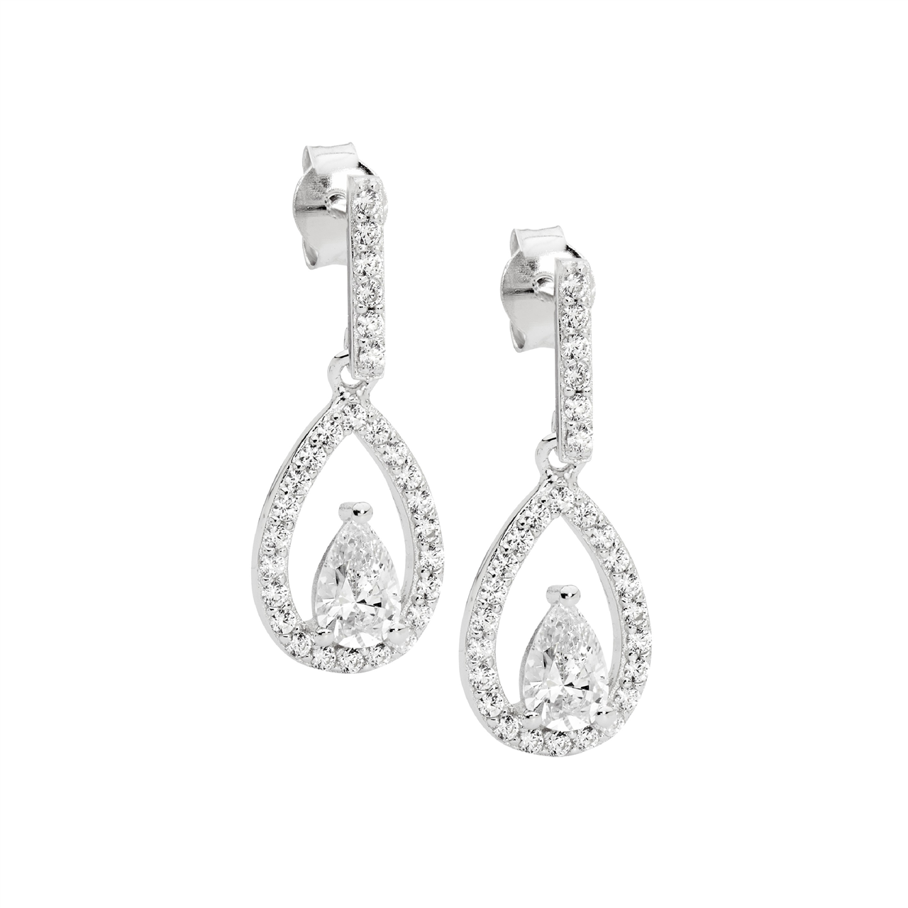 Sterling Silver Wh CZ Open Pear w/ Wh Pear CZ Cntr Drop Earrings