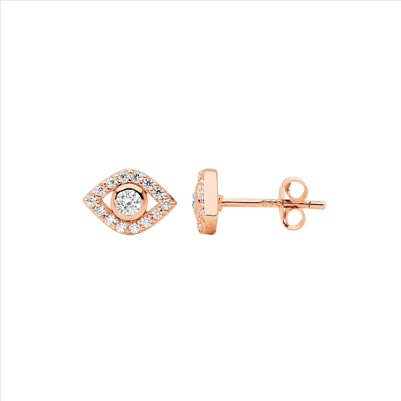 Sterling Silver Rose Gold Plated Cubic Zirconia Evil Eye Earrings