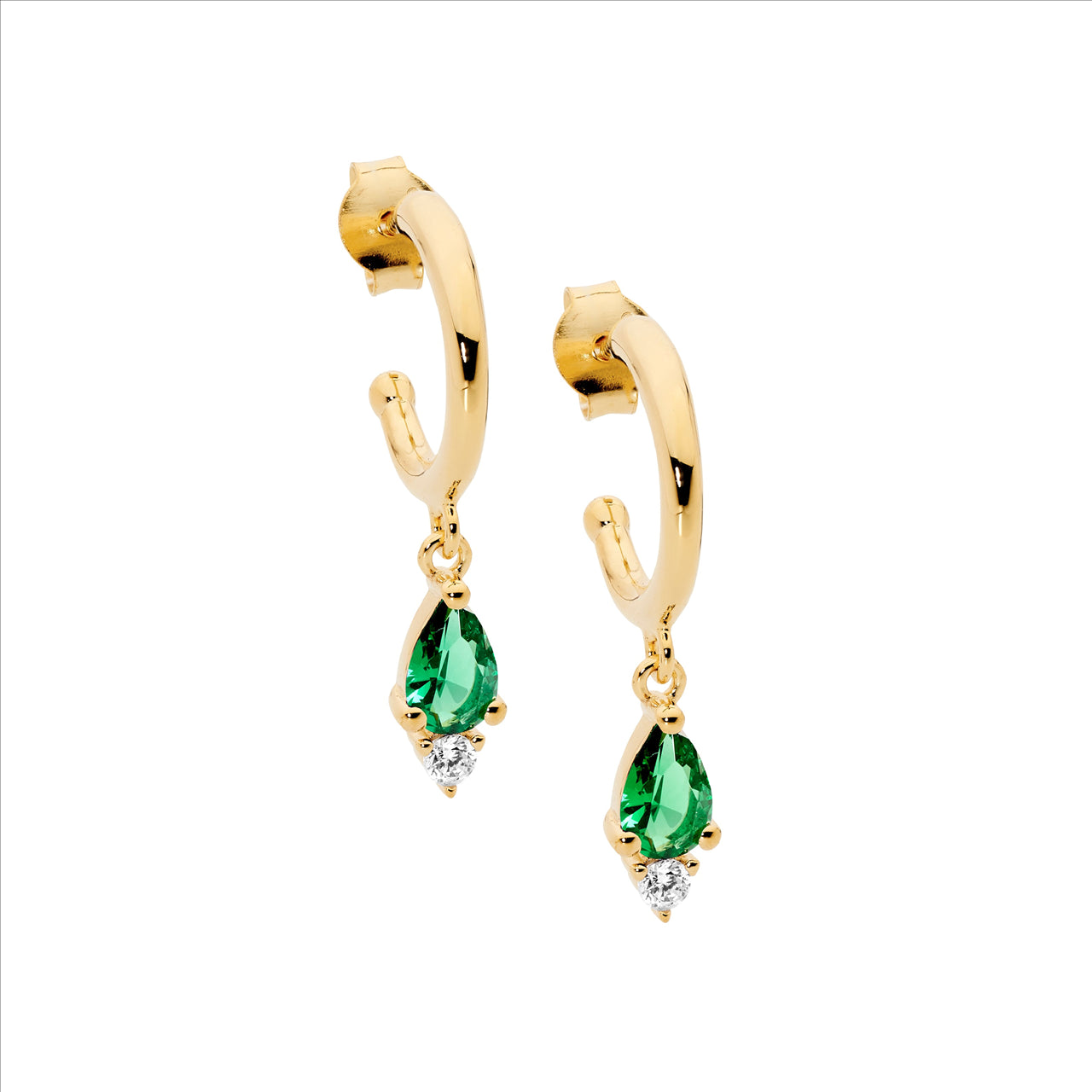 Sterling Silver 13mm Stud Hoop Earrings, Green Pear CZ Drop w/Gold Plating