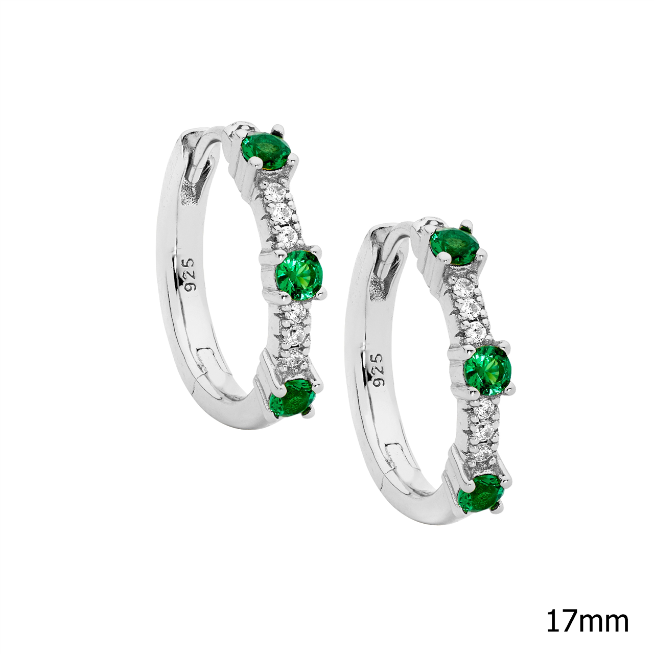 Sterling Silver Cubic Zirconia Huggie Earrings with 3x Raised Green Cubic Zirconia's