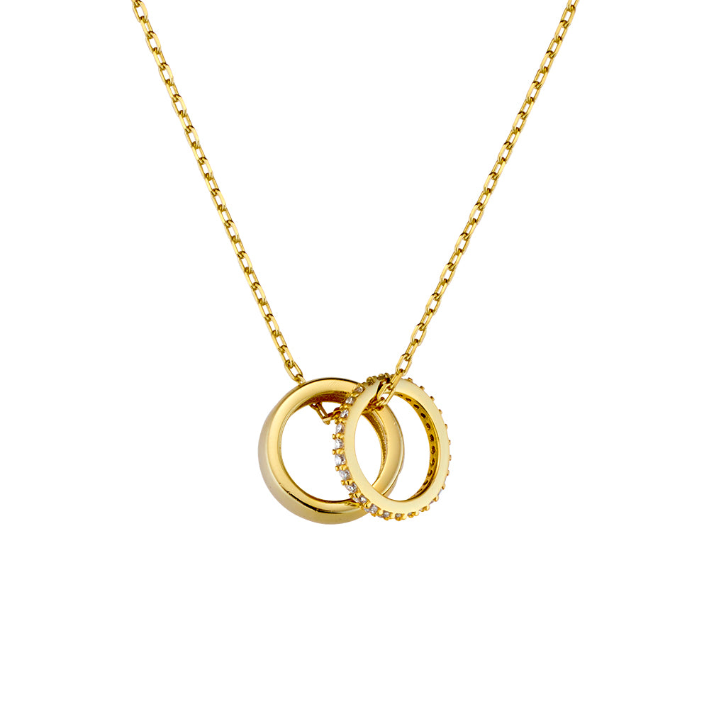 Sterling Silver Double Ring Necklace with Cubic Zirconia Detail | Gold Plated