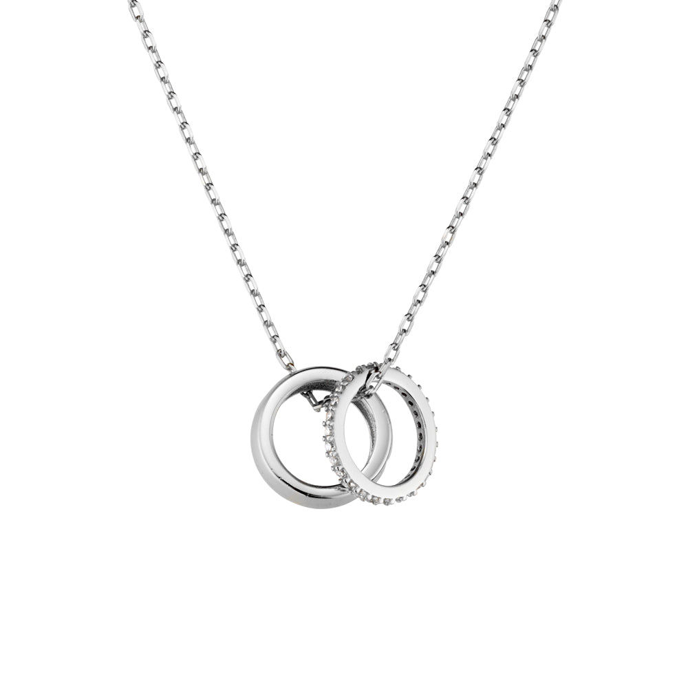 Sterling Silver Double Ring Necklace with Cubic Zirconia Detail