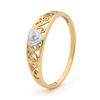 9ct Yellow Gold Filagree style Diamond Love Ring