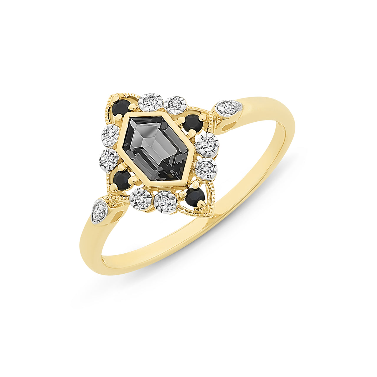 9ct Yellow Gold Diamond Sapphire & Created Nano Ring